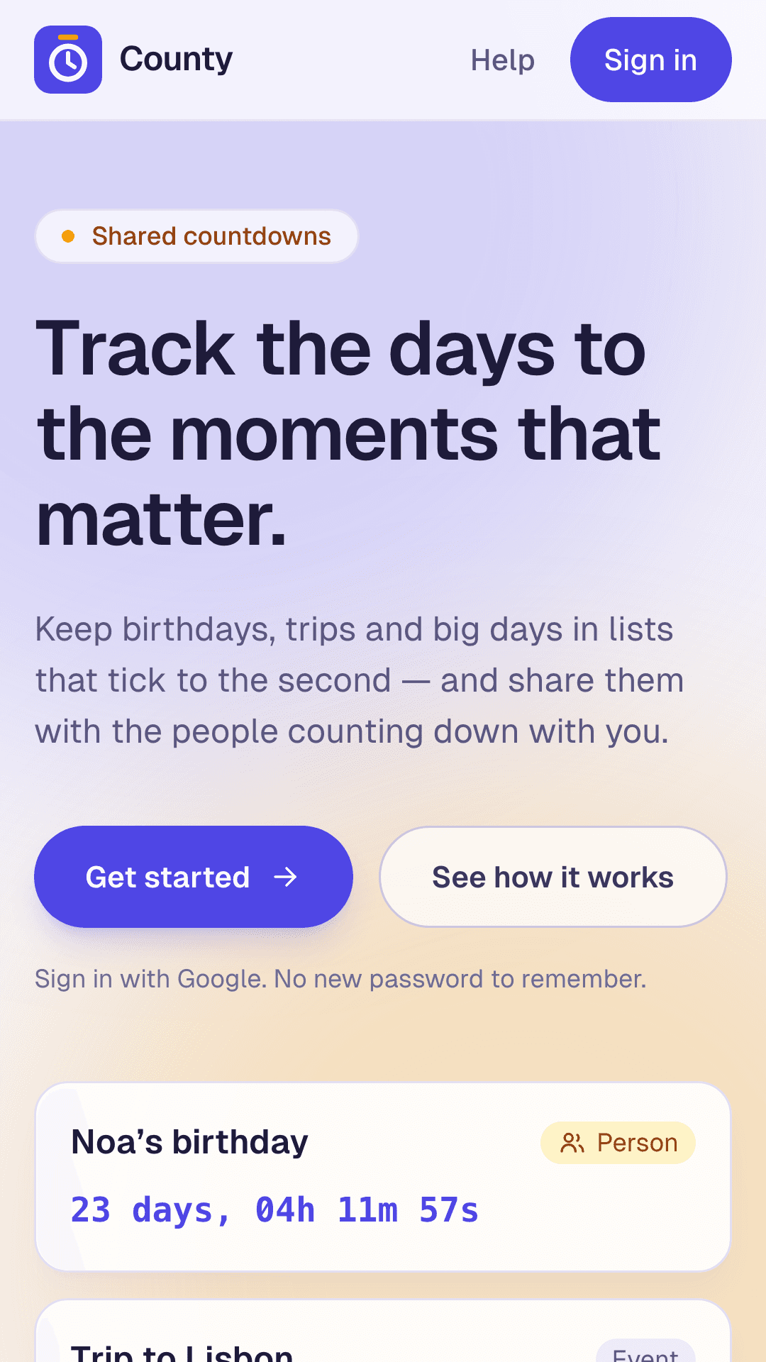 County app showing a list of countdowns